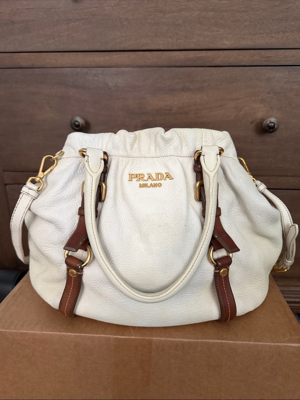 PRADA Milano Cream Leather Satchel with Brown Trim